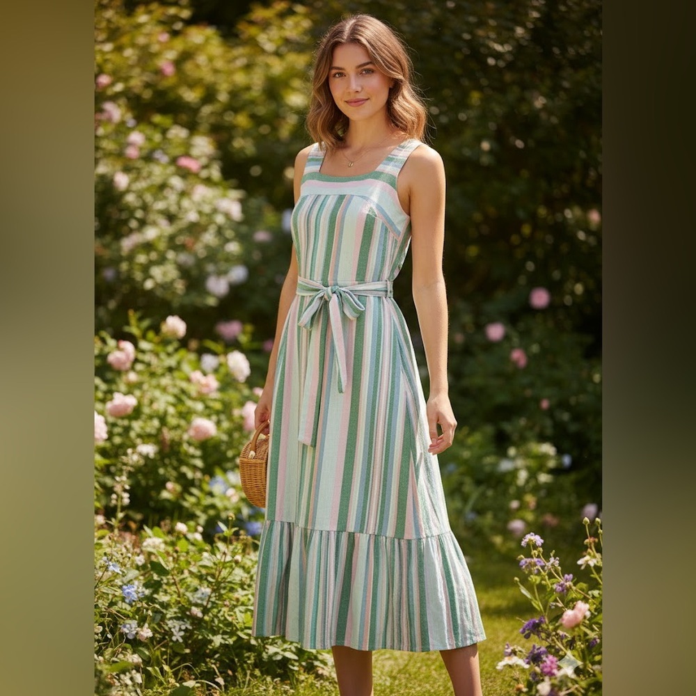 52seven Women's Rayon Tiered Linen Style Striped Dress